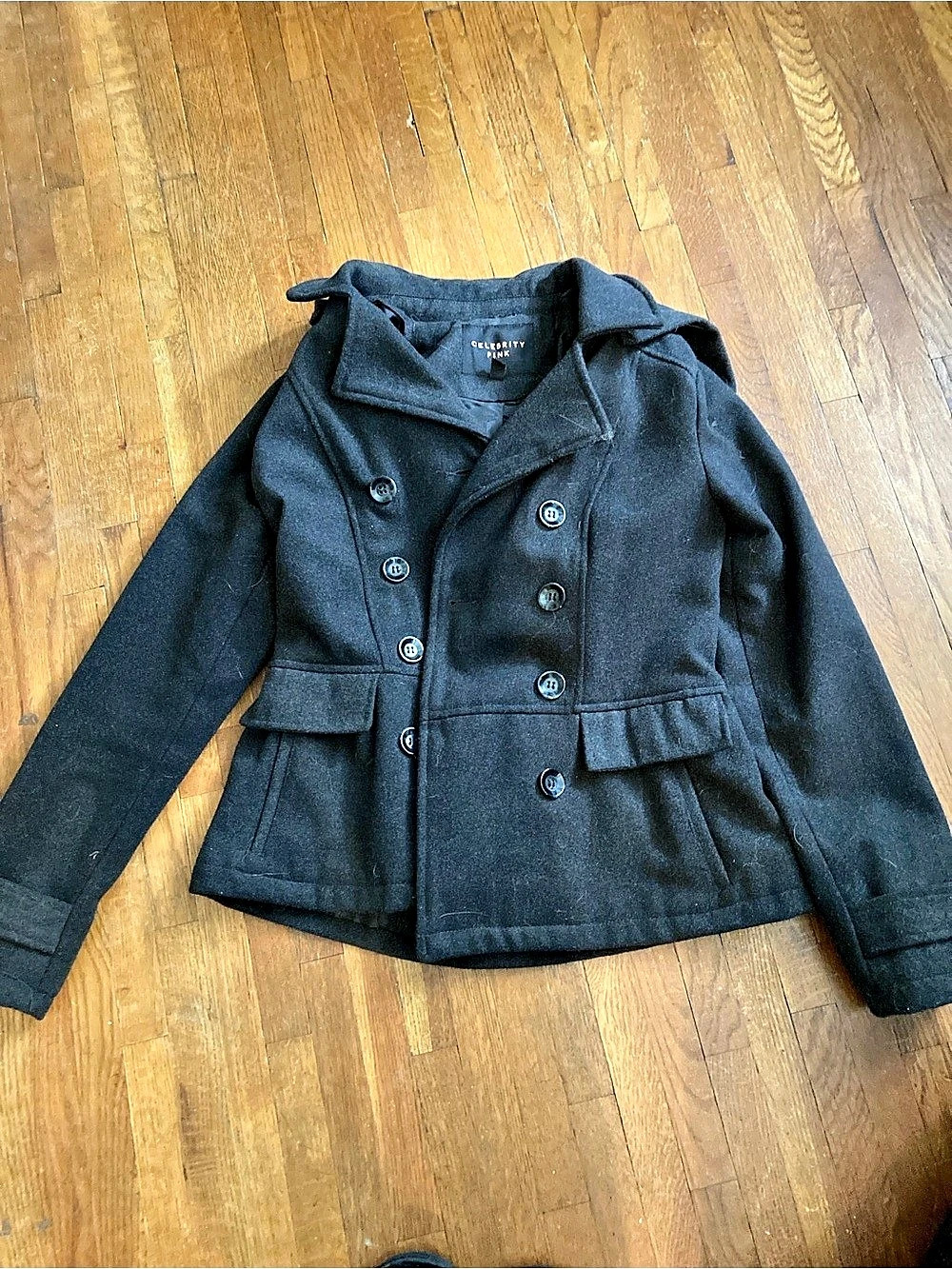 Celebrity Pink Double-Breasted Hooded Peacoat Black Small